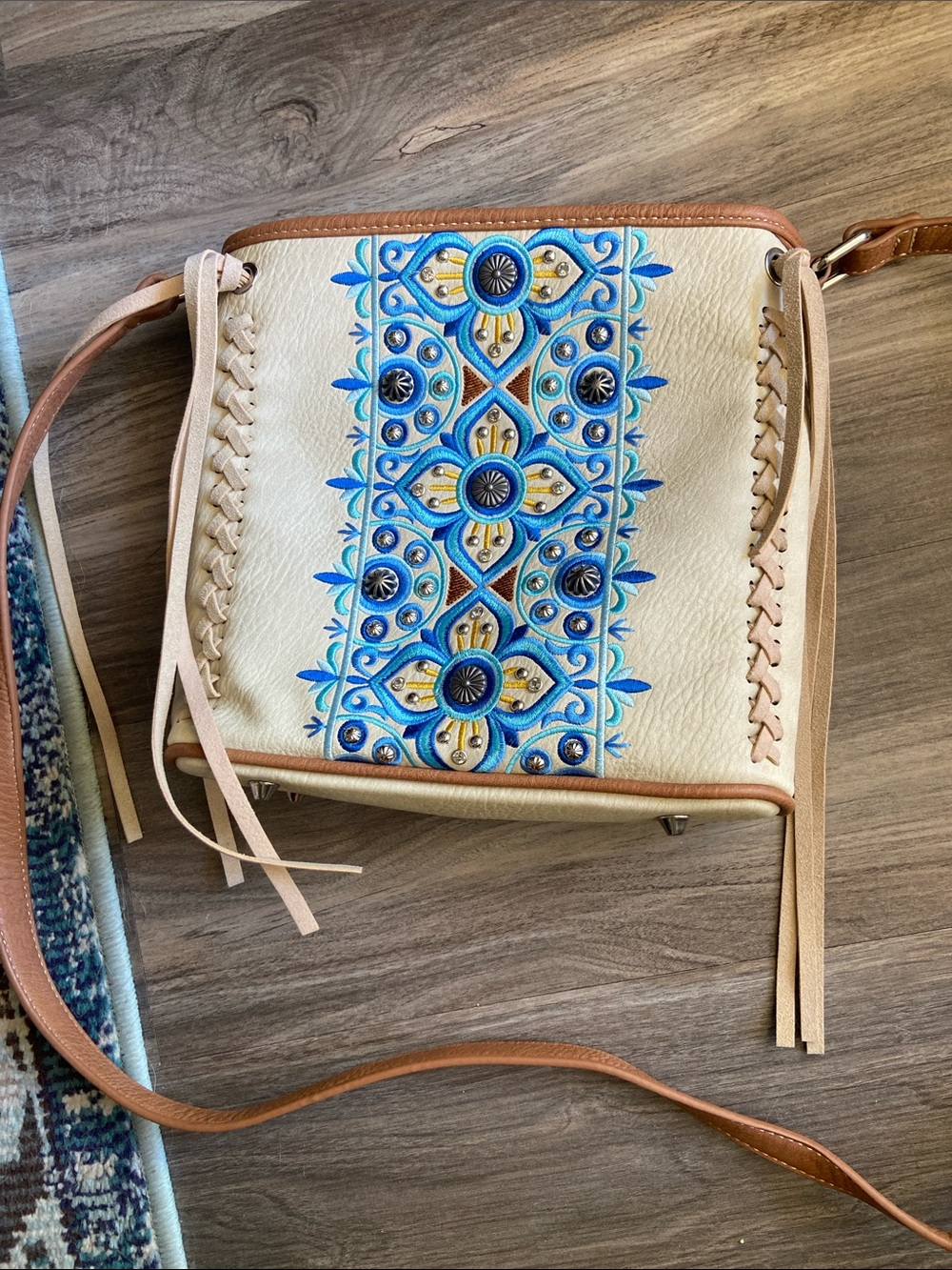 Montana West Cream Crossbody with Blue Embroidered Center Panel and Tan Trim